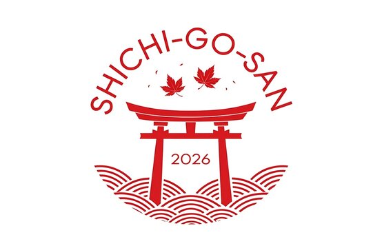 Traditional japanese shichi-go-san festival logo with torii gate and maple