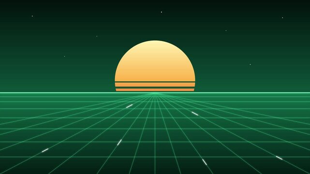 Retro Synthwave Sunset Background, 80s Cyberpunk Neon Grid Landscape, Futuristic Outrun Horizon Animation