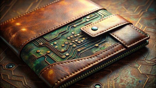 A worn leather wallet embedded with microchips and circuitry symbolizes seamless global connections everywhere