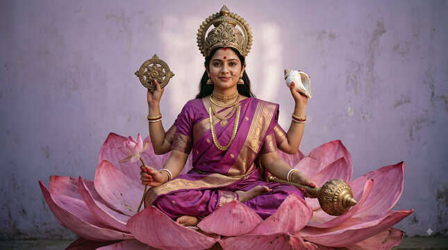 Maa Siddhidatri seated on a pink lotus in a purple and pink silk saree, representing divine wisdom and spiritual fulfillment on the ninth day of Navratri.