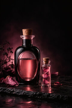 Pink potion bottles on dark stone with dried petals