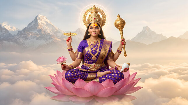 Maa Siddhidatri seated on a pink lotus in a purple and pink silk saree, representing divine wisdom and spiritual fulfillment on the ninth day of Navratri.