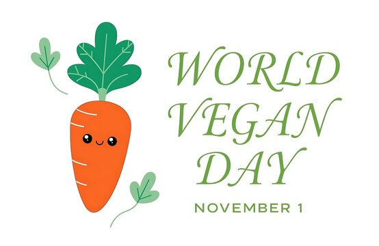 Happy cartoon carrot character for celebrating world vegan day with plant based