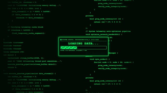 Loading Data Progress Bar Green Programming Code Screen Animation.