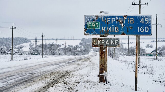 Overcast Winter Road Sign to Chernihiv and Kyiv Ukraine - Concept