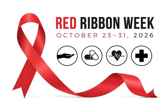 Red ribbon awareness week banner with medical icons on white background