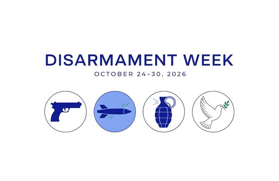 Disarmament week awareness banner with symbols of peace and military weaponry