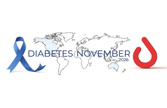 Diabetes awareness blue ribbon and red droplet symbol over world map