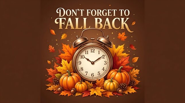 Vintage alarm clock with colorful autumn leaves and pumpkins for daylight saving time fall back announcement illustration