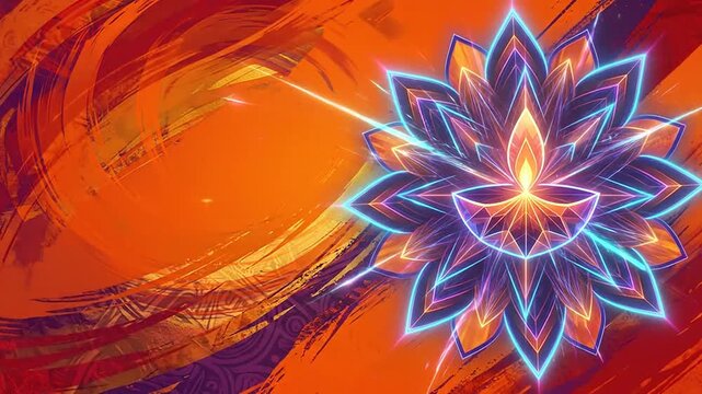 Glowing neon lotus flower with a burning oil lamp on a vibrant orange abstract background representing a traditional festival celebration