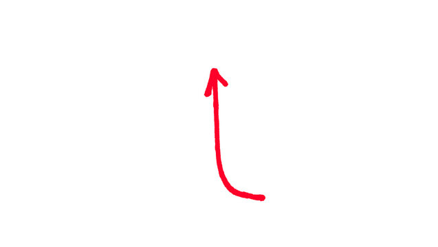 Red hand drawn thin upward curved arrow doodle illustration, simple rising direction sketch, minimal growth pointer symbol isolated on white background for infographic and business design