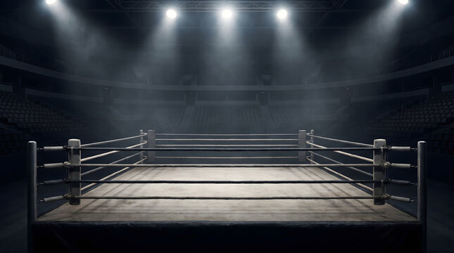 Professional empty boxring illuminated by dramatic stage lights in a large indoor sports arena stadium