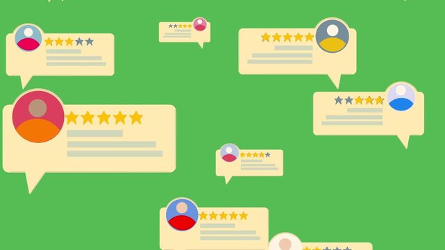 Animated customer reviews and star ratings with multiple customer icons and review speech bubbles moving vertically, illustrating feedback, satisfaction, and online reputation.