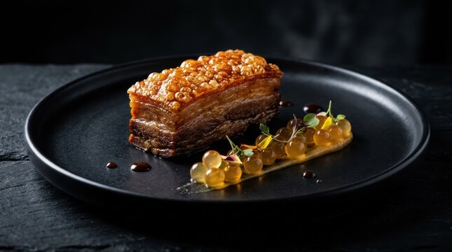Crispy pork belly with golden crackling, tender meat and translucent apple gel, artfully plated with microgreens on a black plate for refined fine dining presentation