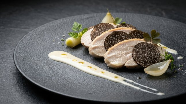 Poularde de Bresse with truffle slices, a luxurious French culinary creation served on a dark plate, representing gourmet dining and high end gastronomy