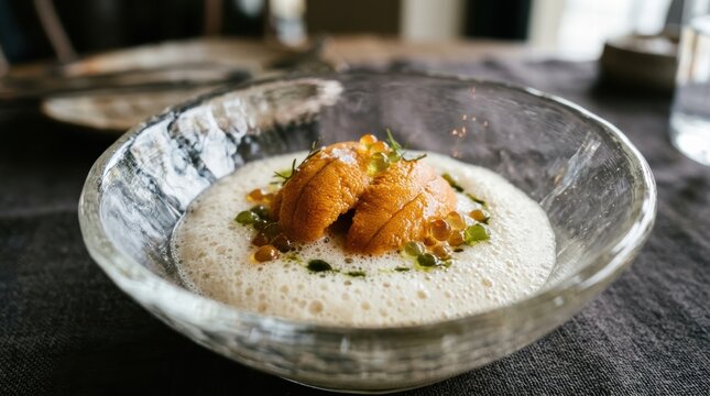 Fresh sea urchin gonads on creamy cauliflower emulsion with bright orange salmon roe and herb oil in a clear glass bowl, modern fine dining starter showcasing texture and color