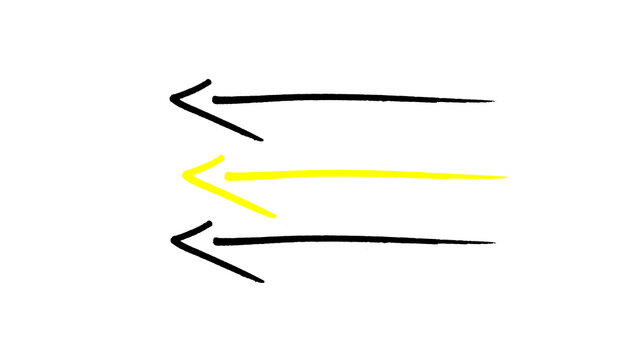 Black and yellow hand drawn arrows pointing left doodle illustration, double line direction sketch, simple back pointer symbols isolated on white background for infographic and web design