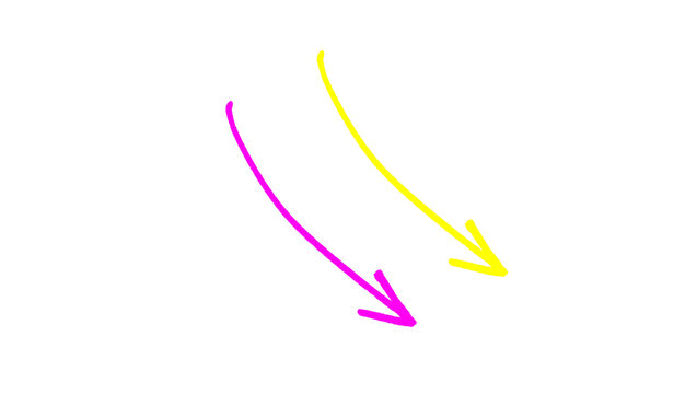 Magenta and yellow hand drawn diagonal arrows pointing down right doodle illustration, decreasing direction sketch, simple pointer symbols isolated on white background for infographic and design