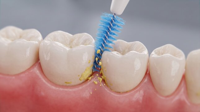 A close-up 3D rendering of an interdental brush cleaning plaque from between human molar teeth.