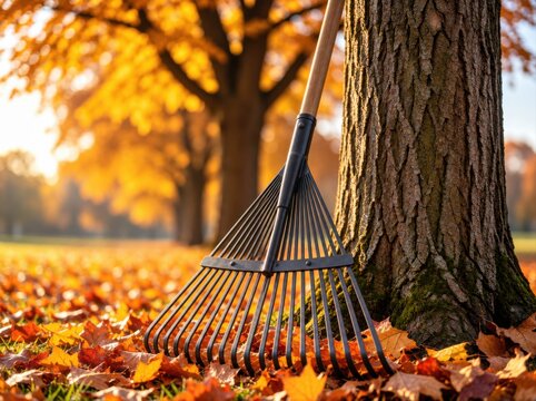 A metal lawn rake leans against a tree trunk surrounded by vibrant fallen autumn leaves in a park.