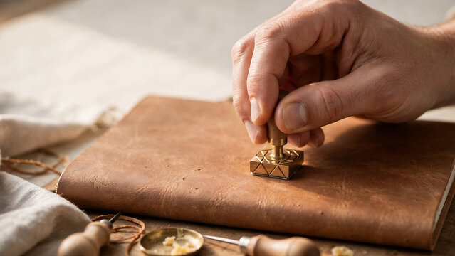 hand pressing vintage brass geometric stamp onto aged brown leather journal cover, crafting station with wax seal tools