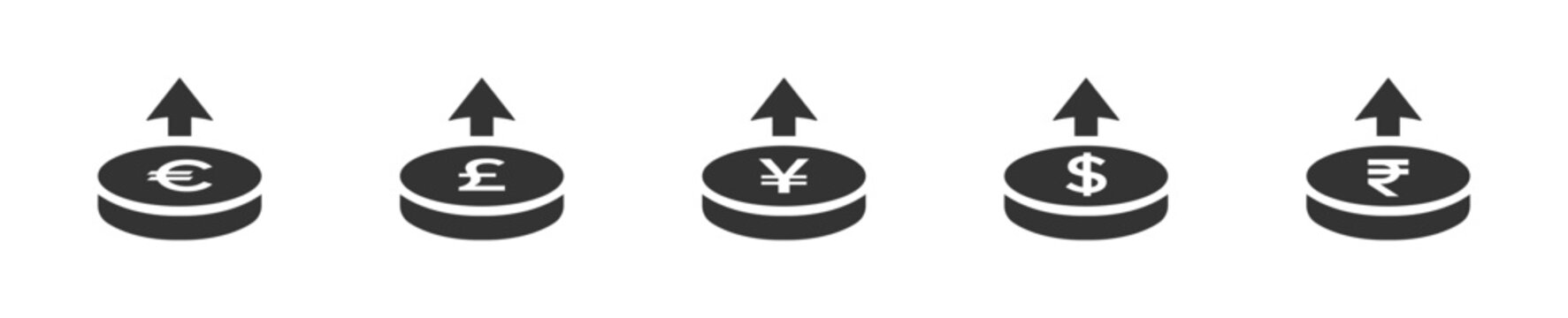 Euro, Dollars, Pound, Dollars, Yen, Euro and Rupee rate increase signs. Coins of money escalation or raise icon flat designs