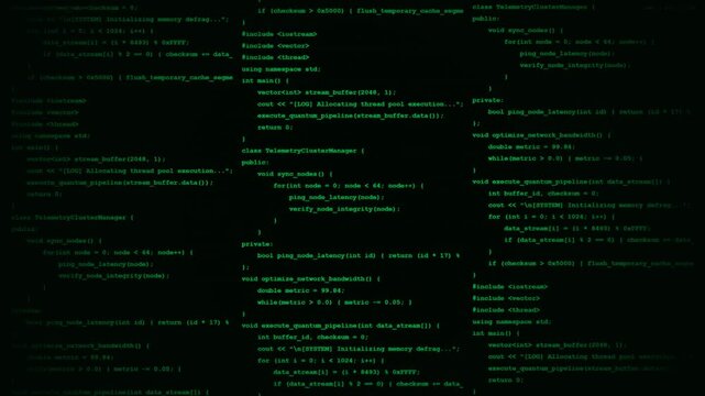 Glowing Green Programming Script Columns Coding Terminal Loop Animation.
