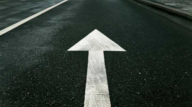 Straight Ahead: A white arrow painted on asphalt indicates the direction forward, symbolizing progress and purpose.