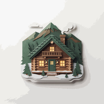 Cozy Log Cabin Nestled in Snowy Mountains with Evergreen Trees and Smoke from Chimney