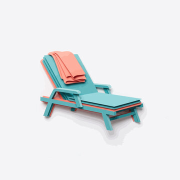 Modern Teal and Coral Beach Lounge Chair with Folded Towel on White Background Minimalist Style