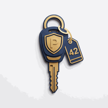 Modern Car Key with Parking Tag Number 42 and Shield Emblem on White Background