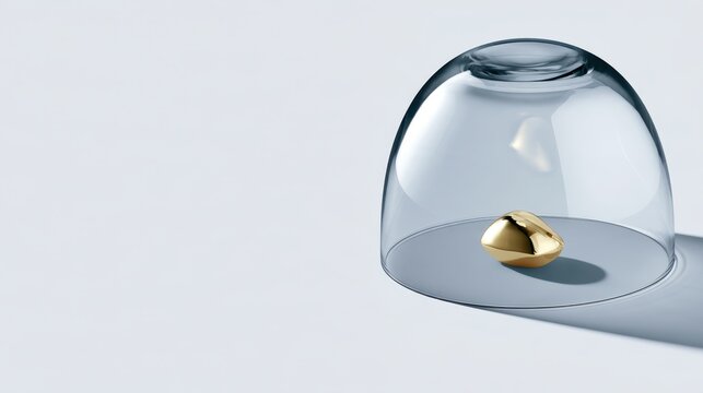 Trapped in Glass: A solitary golden orb rests beneath an inverted glass dome, symbolizing isolation, confinement, and precious value.