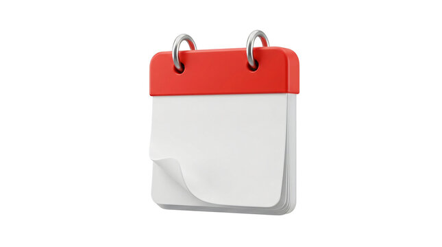 3D render of spiral bound red desktop calendar with blank pages isolated on transparent background