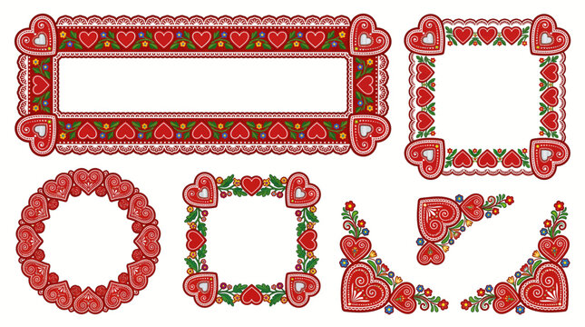 Croatian Licitar Heart Gingerbread Folk Art Vector Border Set