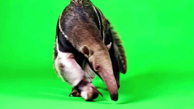 Giant anteater walking and sniffing with long tongue extended on a bright green screen background