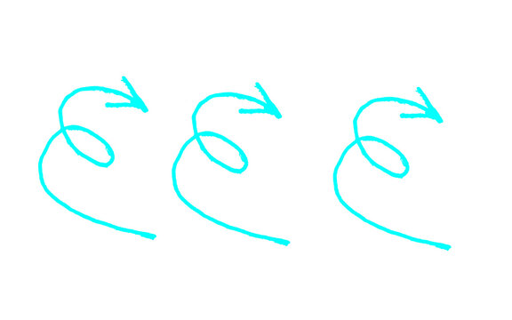 Hand drawn cyan spiral loop arrows, set of three thin line curly swirl pointers, doodle style sketch arrow strokes, whimsical turquoise direction signs isolated on white background for design use