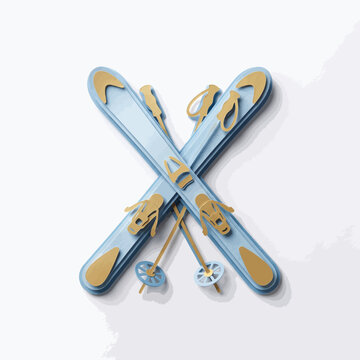 Stylized Light Blue Skis and Poles with Gold Accents Crossed on a White Background