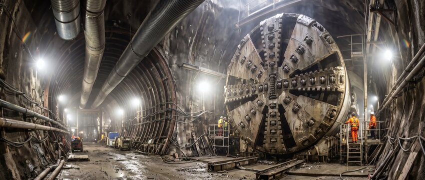 Massive tunnel boring machine cutterhead cutter wheel inside underground excavation. Heavy civil engineering excavation drill carves transit tunnel through solid rock. Subterranean metro.
