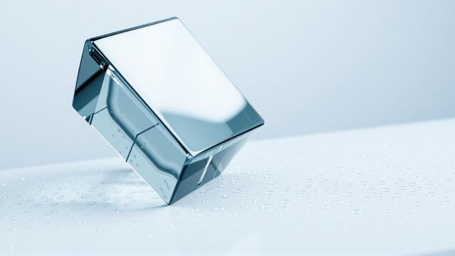 Shiny cube rests upon wet surface. Cool blue tones dominate composition. Minimalist aesthetic, clean lines present. Reflective material catches light.