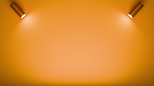 4K looped animation of 3D render orange background with two spotlights from top corners, minimalistic abstract video element for stage, advertising and digital projects. Spotlight on orange background