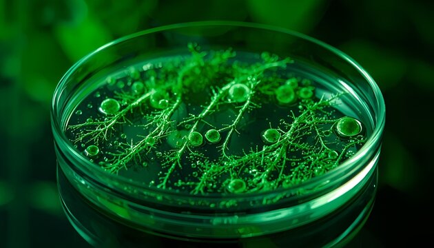 Plant Stem Cells in Crystal Petri Dish Illuminated by Green Light, Botanical Biotechnology and Regenerative Science Concept for Cellular Research, Laboratory Innovation and Growth
