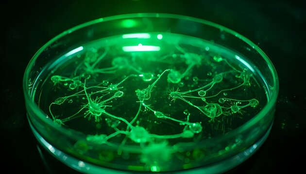 Plant Stem Cells in Crystal Petri Dish with Green Light, Botanical Biotechnology and Regenerative Science Concept for Cellular Research, Laboratory Innovation and Plant Growth