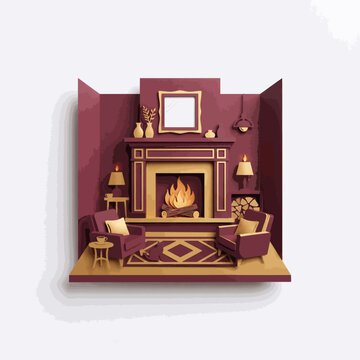 Cozy Living Room Scene with Fireplace and Armchairs in Paper Cutout Style