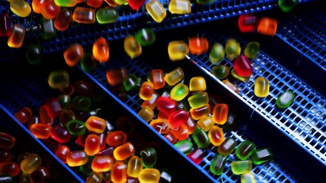 Colorful fruit gummy candies move along a sorting conveyor at a confectionery factory. Close-up of automated candy production and industrial food processing equipment.