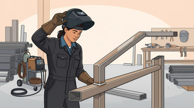 A female welder, wearing protective gear and a welding helmet, works on a metal structure in a workshop, showcasing skill and dedication in a precise illustration.