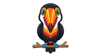 Fototapeta premium Colorful cartoon toucan illustration featuring a large orange and yellow beak, sitting on a wooden branch. Vibrant tropical bird character with blue eyes isolated on a white background.