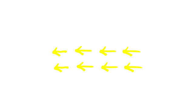 Yellow hand drawn arrow doodle icon, multiple small arrows in two rows pointing left sketch illustration isolated on white background, simple minimalist hand drawn style arrow vector clipart, cute doo