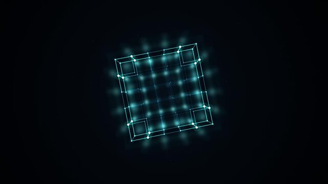 Abstract 3d glowing neon cube grid structure rotating in dark digital space showcasing futuristic tech network motion.
