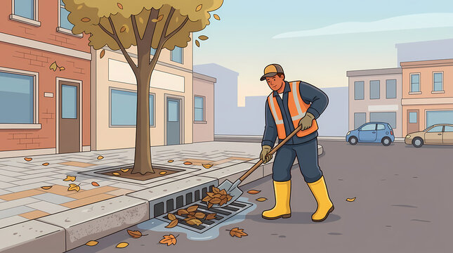 A sanitation worker in a bright orange vest and yellow boots clears fallen autumn leaves from a street drain, ensuring clear passage for rainwater and maintaining urban cleanliness.