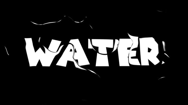 Water text label animated with flowing liquid distortion effect over black background creative motion graphics design element for typography.